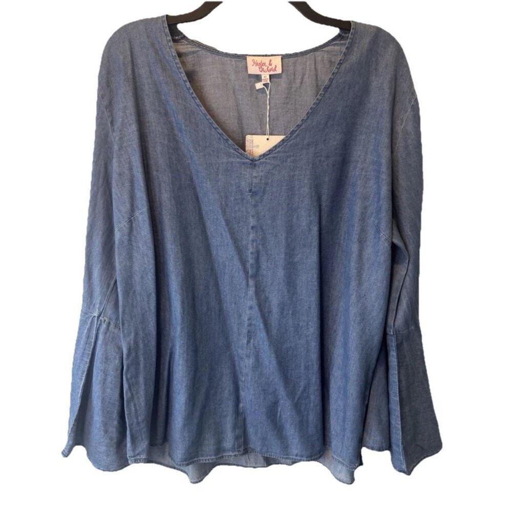Hester & Orchard Blue Chambray Bell Sleeve Womens Top XL‎ NEW Coastal Boho